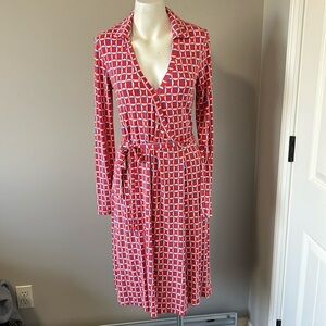 Boden Wrap Midi Dress Long Sleeve Collared Red Blue Geometric Sz 6